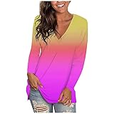 Kviklo Langarm Tie-Dye V-Ausschnitt Tops Damen Sommer Mode Casual Gradient T-Shirt Bluse, gelb, S