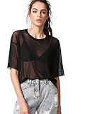 MakeMeChic Damen Sommer Halbarm Tops Durchsichtig Mesh Sheer Sexy T Shirt Bluse, Schwarz, Groß