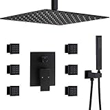 HLSH Duschsystem, Badezimmer Black Square 10-Decke Regendusche Wasserhahn System mit 6 PCS Body Jets Mixer Set,Duschset,