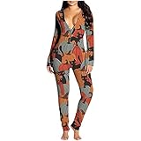 Damen-Schlafanzug mit Halloween-Aufdruck, Knopfleiste, sexy geknöpfte Klappe für Erwachsene, Jumpsuit mit tiefem V-Ausschnitt, figurbetont, langärmelig, Orange-003, 48