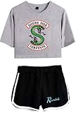 OLIPHEE Damen Kurzarm T-Shirts + Kurze Hose Sets Sport Streetwear Bekleidungsets mit Riverdale Southside Serpents Druck Grau Schwarz S