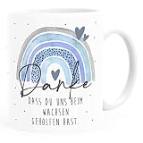 SpecialMe® Tasse Danke dass du uns beim Wachsen geholfen hast Abschiedsgeschenk Kindergarten Geschenk Erzieher Tagesmutter blau weiß Keramik-T