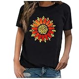 Damen-T-Shirt mit Sonnenblumen-Druck, lässig, Rundhalsausschnitt, niedlich, grafisch, kurzärmelig, Sommer, einfarbig, lockere Bluse für Teenager-Mädchen, Schwarz , M