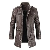 RMBLYfeiye Herren Mittellange Lederjacke PU-Leder Mittlere LängeTrenchcoat Zipper Motorradjacke Stehkragen Herrenjacke Bomberjacke Übergangsjacke Winddicht Funktionsjack