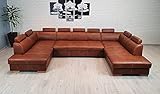 Echtleder Ecksofa U-Form London U 9z 185x352x200 cm Sofa Couch mit Schlaffunktion, Bettkasten und Kopfstützen Echt Leder Granada Savannah und hell Buchenhozlbeinen Eck Couch Ledersofa Farbausw