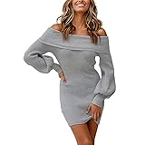 Nileco Damen Von Der Schulter Sweater Kleid,Gerippte Gestrickte Kleid Kurz Bodycon Kleider,Langarm Slim Mini Kleid-Grau X-Larg