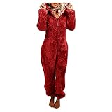 Plüsch Schlafanzug Damen Jumpsuit Teddy Fleece Einteiler Onesie Hausanzug mit Kapuze Overall Lang Pyjama Bequemer Anzug Flauschig Pyjama Weich Warme Loungewear Hauskleidung Einfarbig