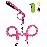 Doppelte Hundeleine, Pink, 360 ° drehbar, kein Verheddern, doppelte Hundeleine, stoßdämpfend, reflektierendes Bungee für zwei Hunde, mit Kotbeutelspender und Klicker für Hundetraining