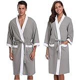 Vlazom Damen Bademantel Langarm Baumwolle Leicht Morgenmantel Waffel Sleepwear Mit V Kragen Kimono Saunamantel Robe(M,Hellgrau-Style B)