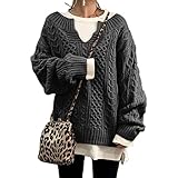 Damen Winter Strickpullover V-Ausschnitt Streifen Strickpulli Elegant Einfarbig Sweatshirt Loose Lange Ärmel Grobstrick Sweater Casual Oversize Winterpullover Outw