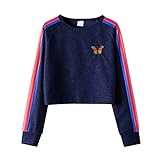 Bauchfreie Oberteile Teenager Mädchen Damen Sweatshirt Langarm Crop Top Shirt Rundhals Gestreifte Schmetterlingsdruck Bauchfrei Laufshirt Sweatjacke Pullover Tops Junges Cropped Oberteil B