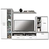 Stella Trading 89-002-D5 Wohnwand Club 3, Holzdekor, Korpus: Beton-Optik, Front: Weiß Glanz, 290 x 190 x 48