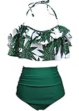 AOQUSSQOA Damen Badeanzug Rüschen Hals Hängen Bikini Sets Zweiteilige Bademode mit Hoher Taille Strandkleidung (Bamboo, M)