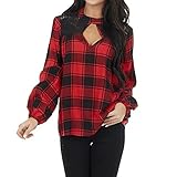 GULASISI Damen Kariertes Pullover Sexy Ausschnitt AushöHlen V-Ausschnitt Langarm Oberteile Herbst Elegant Spitze Patchwork Freizeit Langarmshirt Spitzenbluse L