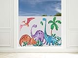 GRAZDesign Fensterfolie Kinderzimmer Junge Dinos, Sichtschutz Folie Blickdicht, Milchglasfolie, 57cm hoch / 80x57