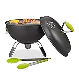 Relaxdays Kugelgrill tragbar, mit Deckel & Grillzange, Balkon, Picknick, Camping, für unterwegs, 42 x 37 cm, dunkelg