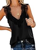 Aleumdr Tops Damen Spitze Tunika Top Sommer Bluse Ärmellose V-Ausschnitt Tank Top Oberteil Bluse Elegant Weste Hemdbluse Schwarz L