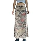 Frauen Y2K Hohe Taille Midi Rock Vintage Boho Blumendruck A-Linie Gothic Harajuku Lang Maxi Rock E-Girl Streetwear, khaki, 36