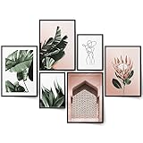 BLCKART Botanic Rose Poster Set Natur Bilder Pflanzen Wohnzimmer Deko Schlafzimmer Grün Rosa (M | 4X A4 | 2X A5 | Holzrahmen schwarz)