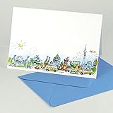 10 witzige Berlinkarten mit blauen Umschlägen: Reichstag, Nikolaikirche, Rotes Rathaus, Neue Synagoge. Klappkarten mit mittelblauen Umschläg