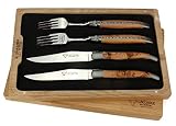 Laguiole en Aubrac - 2 Steakmesser und 2 Gabeln im Set - Griff Wacholder Holz - Original Frankreich mit Zertifik