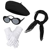 NUWIND 1940er Französisch Klassisch Kostüm Zubehör Set inkl. Barett Brille Handschuhe Chiffon Schal, Retro Accessoires für Mädchen Damen Frauen (schwarz)