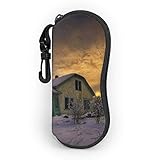 Tcerlcir Brillenetui Verlassenes Bauernhaus-Haus-Sonnenuntergang-Schneewinter Neopren Reißverschluss Sonnenbrille Tasche Kratzfest staubsichere Brillenbox mit Gürtelclip Damen H