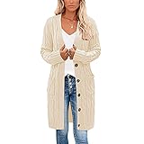 Qtinghua Damen-Strickjacke, einfarbig, dick, lange Ärmel, Winter-Strickmantel mit Taschen für Frauen, weiß, M