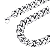 FOCALOOK Herren Halskette Edelstahl 12mm massiv Panzerkette Halskette Männer Jungen 45cm/18 Gliederkette Punk Hip Hop Rapper Halsschmuck Accessoire für Vater Sohn(Silber)