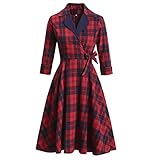 Winterkleid Damen Retro Plaid Print Bandage Dreiviertelärmel Dünner gekerbter Kragen Reißverschluss Vintage Hepb