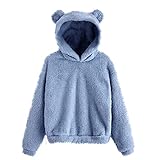 CPNG Women's Fall Winter Tops Long Sleeve Fleece Sweatshirt Warm Bear Shape Fuzzy Hoodie Pullover with Pocket (Blue, XXXXL)