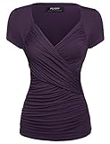 Zeagoo Damen Sommer Sexy T-Shirt V-Ausschnitt Kurzarm Tunika Shirt mit Falten Blusen Oberteile, 1_lila, L