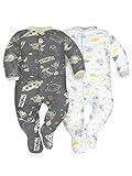 Sibinulo Jungen Mädchen Schlafstrampler mit Fuß mit ABS 2er Pack Kosmos und Monde 86(12-18 Monate)