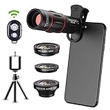 6 in 1 Universal Phone Camera Lens Kit Clip-On Smartphone 18X Teleobjektiv, Weitwinkelobjektiv, Makroobjektiv, Fischaugenobjektiv, Stativ, Fernauslöser für iPhone Samsung und die meisten Smartp
