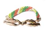 T614 Damen-Armband mit geflochtenen Strängen in Grün/Weiß/Ziegelfarben mit goldfarbenen Kanten und großer V