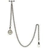 TREEWETO Taschenuhrkette mit T Bar Endstück Albert T-Bar Taschenuhr Kette mit Antiker Lebensbaum Anhänger und 2 Haken für Weste Knopfloch B