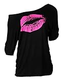 Smile Fish Damen Casual Sternchen Lippen drucken One-Shoulder T-Shirt Langarm Rundhals Oversize Pullover 80s Tops £¨Lippe,Schwarz-Rose,S