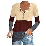 TTWOMEN Damen Casual Langarm Pullover Tops Patchwork Farbblock Knöpfe V-Ausschnitt Loose Fit Tunika B