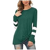 BUKINIE Damen Casual Solid T Shirts Streifen Ärmel Colorblock Langarm Tunika Tops Twist Knot Front Weich Bequem Lose Herbst Bluse für Herbst Winter, armee-grün, M