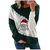 GEU Damen Weihnachts Pullover Sweatshirt Merry Christmas Buchstaben Druck Langarmshirt Rundkragen Blusen Farbblock Oberteile Lässig Sweatjacke Xmas Drucken Tunika Top