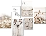 artpin® Moderne Poster Set - Bilder Wohnzimmer Deko Schlafzimmer - Pampas Gras Strand Bilderwand ohne Rahmen 4X A3 | 2X A4 - W9