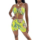 Damen Bikini Sommer Kreative Blume Gedruckt Spitze Hohe Taille Badeanzug und Cover Up Split Bademode 3 Stück Anzug, gelb, XL