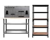 Ondis24 Werkbank 120 cm Nobbi Packtisch + Metallregal Karl + Lochwandhakenset, Lagerregal, Werkstatt Werktisch Packtisch Basic mit höhenverstellbaren Füßen, Kellerregal, Werkstatt S