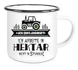 Crealuxe Emaille Tasse mit Rand Ich Bin Landwirt ich arbeite in Hektar - Kaffeetasse mit Motiv, Campingtasse Bedruckte Email-Tasse mit Sprüchen oder B