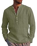 AUDATE Herrenhemd Mens Shirt Roll-up Langarm Leinenhemd Baumwolle Leinen Hemd Freizeithemd Armeegrün M