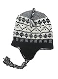 Unisex Wollmütze mit Ohrenklappen, handgestrickt, Fleece gefüttert, schwarz / grau, M/L
