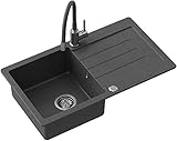VBChome Spülbecken 77 x 44 cm Schwarz + Armatur Granit Einzelbecken Einbauspüle gesprenkelt reversibel Verbundspüle + Siphon Waschbeck