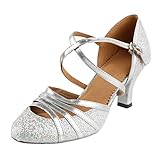 Damen Standard Latein Funkeln Tanzschuhe Frauen Ballsaal Salsa Tango Tanzen Schuhe Hochzeit Abendschuhe Knöchelriemen, Celucke Klassische Pumps Elegante Brautschuhe (Silber, EU36)