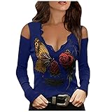 Basic Tops Damen,Low Cut V-Ausschnitt Damen Crop Top Schulterfrei Langarm Retro Print Bluse Slim Sport Shirt Frauen Langarmshirt Damen Oberteile Elegant Sexy Frühling Sommer Bluse,Blau,XXL