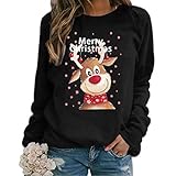 Eghunooye Weihnachten Sweatshirt Damen Teenager Mädchen Weihnachtspulli Rote Nase Hirsche Aufdruck Weihnachtspullover Sweatshirt Xmas Pulli Top (Schwarz, XL)
